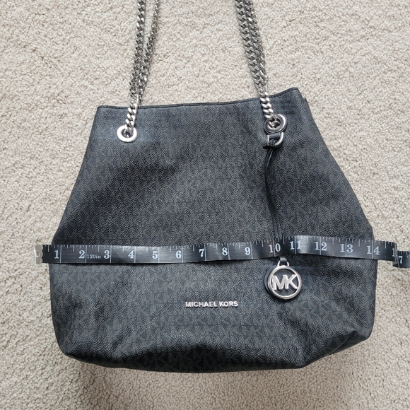 Michael Kors Silver Chain Tote Bag Black MK Logo Canvas Convertible Straps - Picture 5 of 8